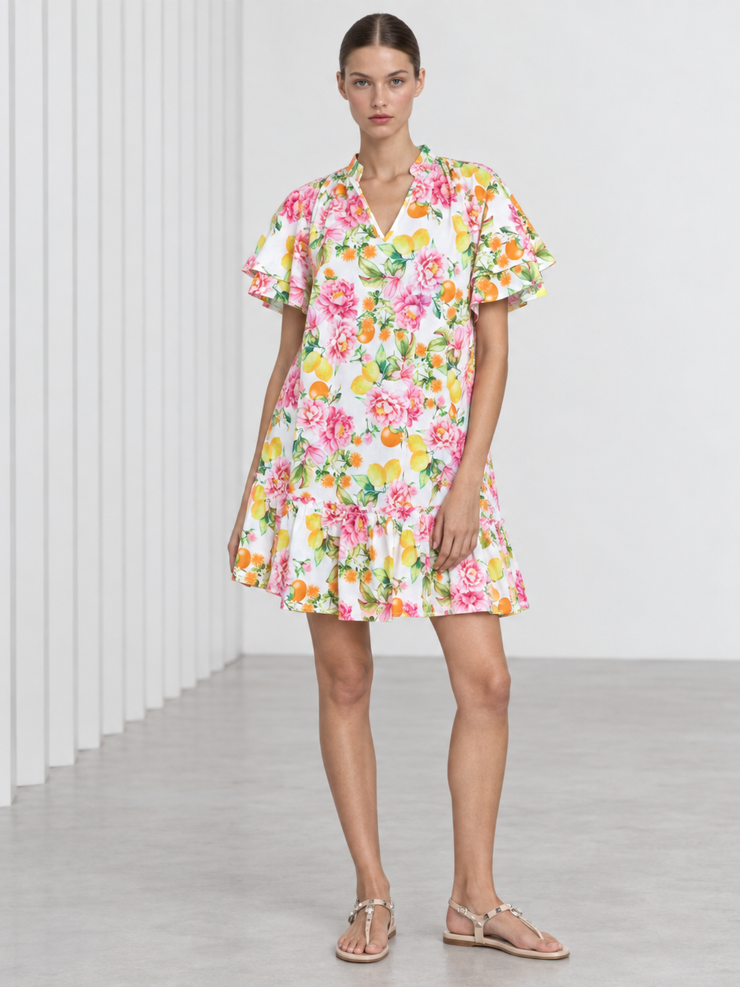 Jael Ruffle Neck Tiered Flutter Sleeve Shift Dress