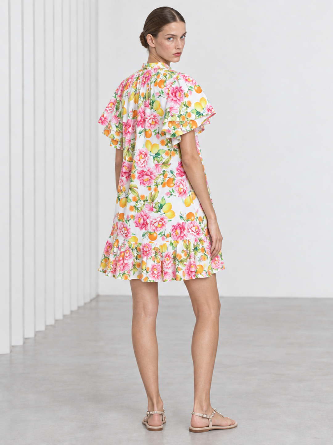 Jael Ruffle Neck Tiered Flutter Sleeve Shift Dress