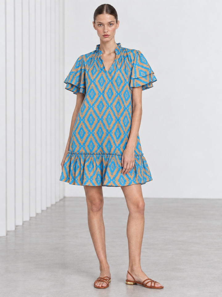 Jael Ruffle Neck Tiered Flutter Sleeve Shift Dress