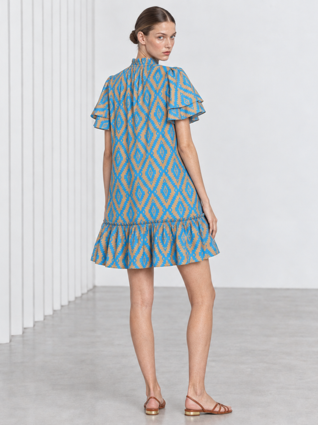 Jael Ruffle Neck Tiered Flutter Sleeve Shift Dress