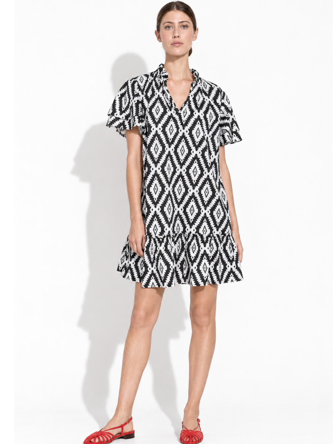 Jael Ruffle Neck Tiered Flutter Sleeve Shift Dress