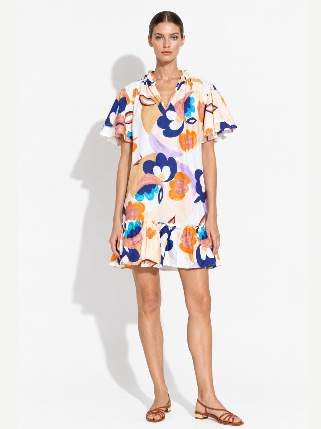 Jael Ruffle Neck Tiered Flutter Sleeve Shift Dress