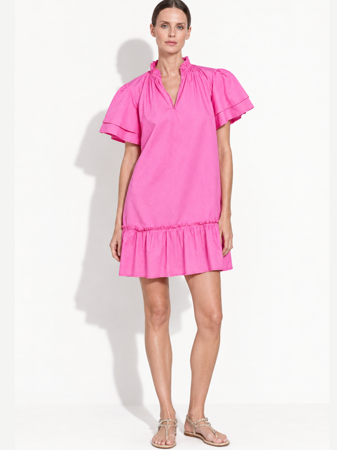 Jael Ruffle Neck Tiered Flutter Sleeve Shift Dress
