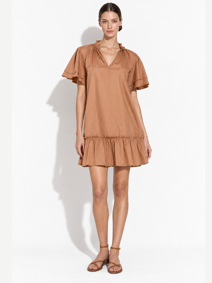 Jael Ruffle Neck Tiered Flutter Sleeve Shift Dress
