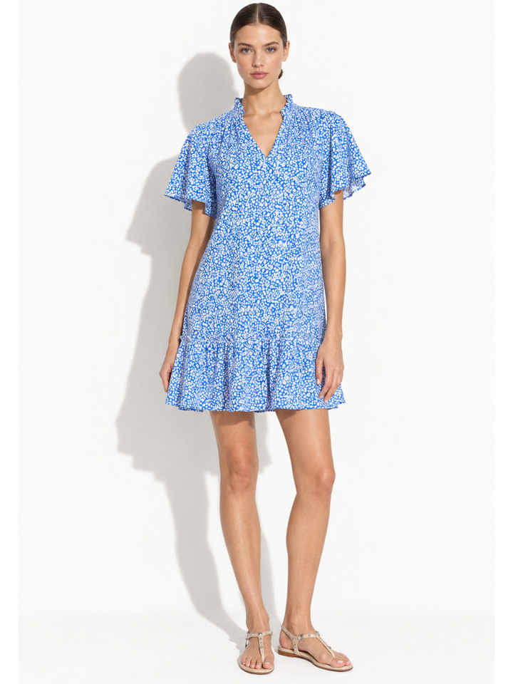 Jael Ruffle Neck Tiered Flutter Sleeve Shift Dress