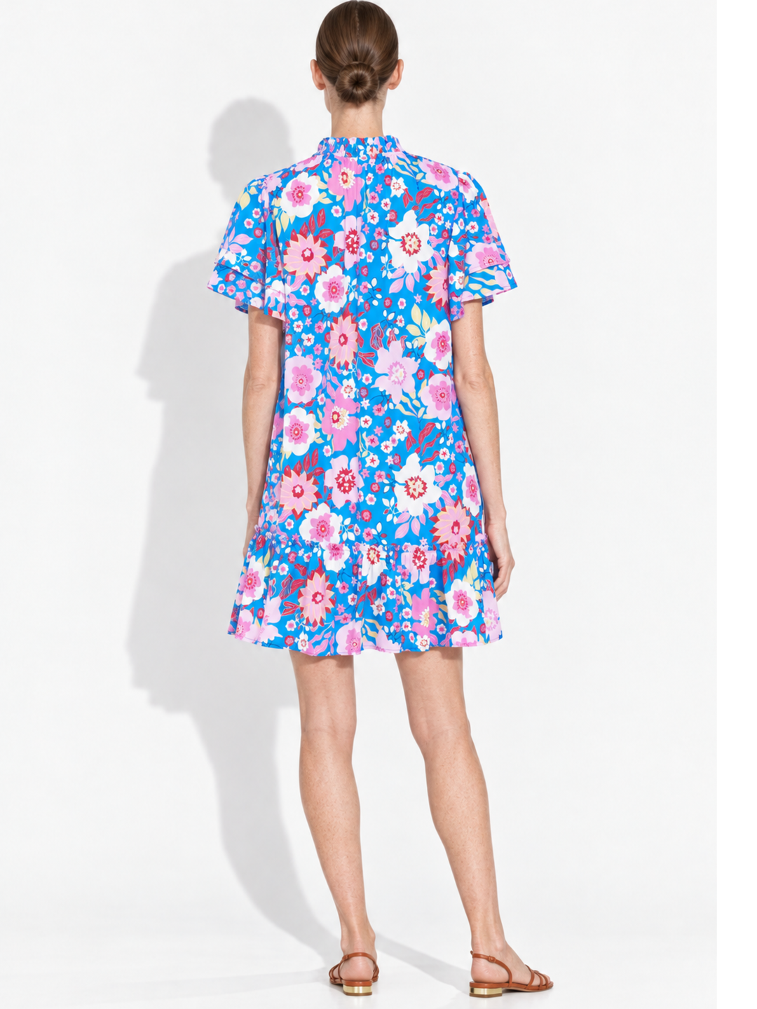 Jael Ruffle Neck Tiered Flutter Sleeve Shift Dress