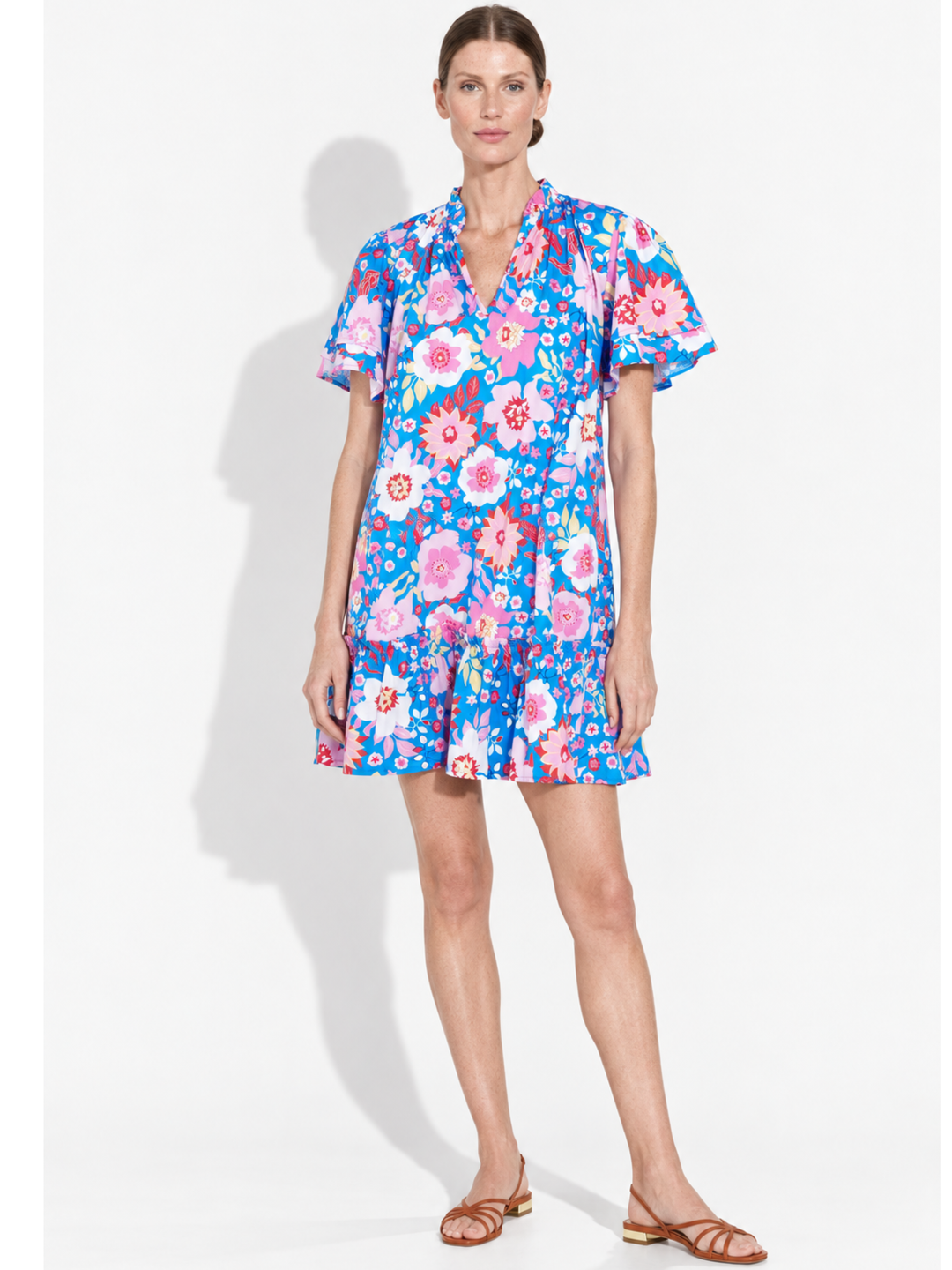 Jael Ruffle Neck Tiered Flutter Sleeve Shift Dress