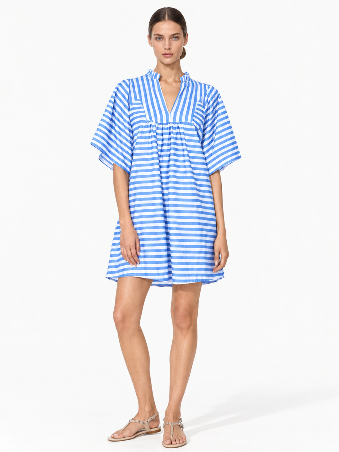 Nicola Ruffle Neck Gathered Flutter Sleeve Mini Dress