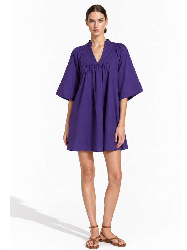 Nicola Ruffle Neck Gathered Flutter Sleeve Mini Dress