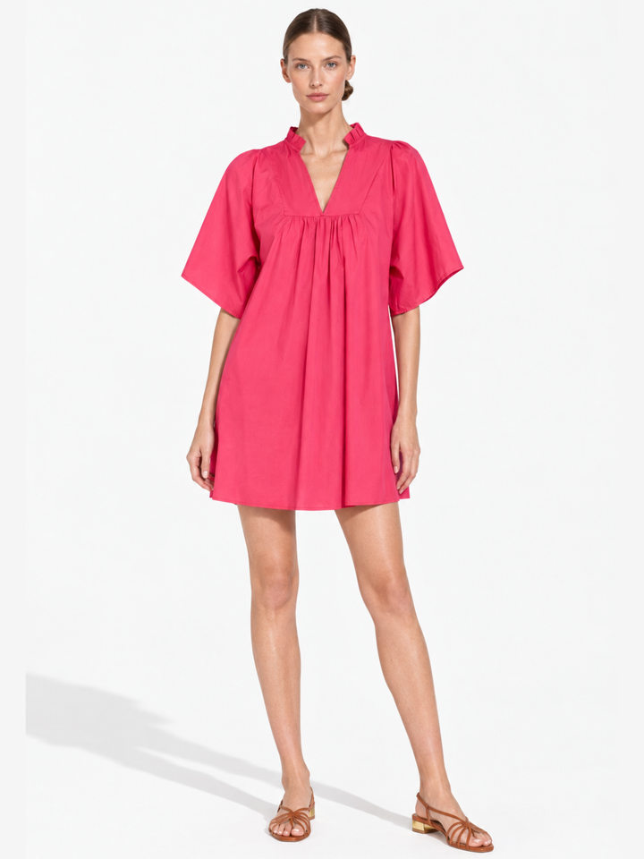 Nicola Ruffle Neck Gathered Flutter Sleeve Mini Dress