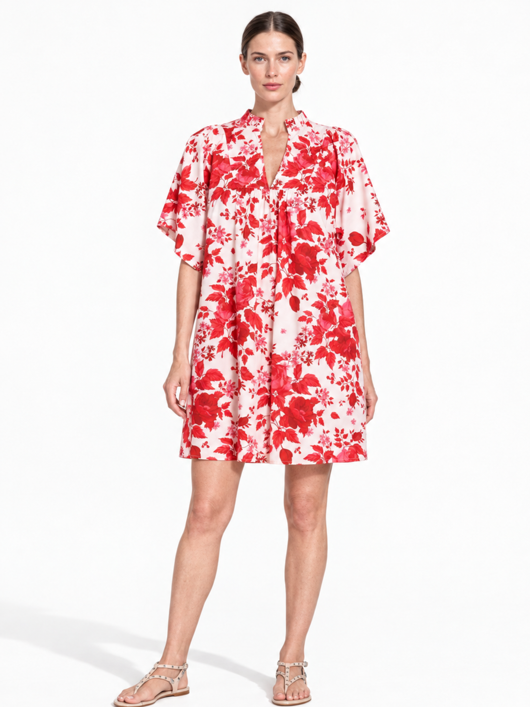 Nicola Ruffle Neck Gathered Flutter Sleeve Mini Dress