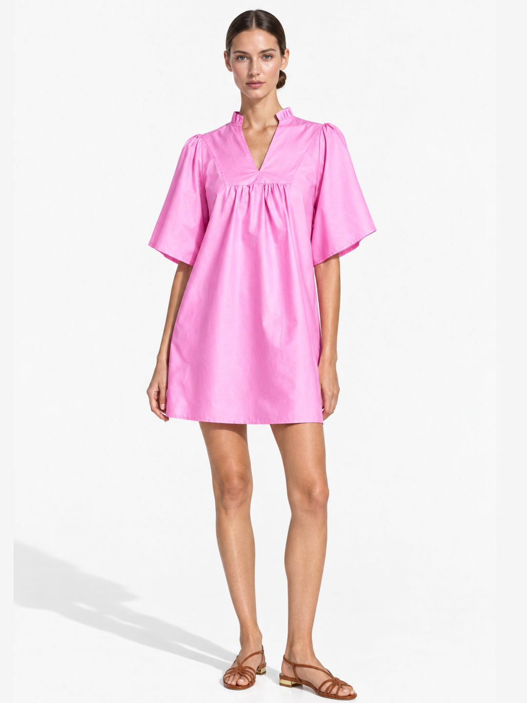 Nicola Ruffle Neck Gathered Flutter Sleeve Mini Dress