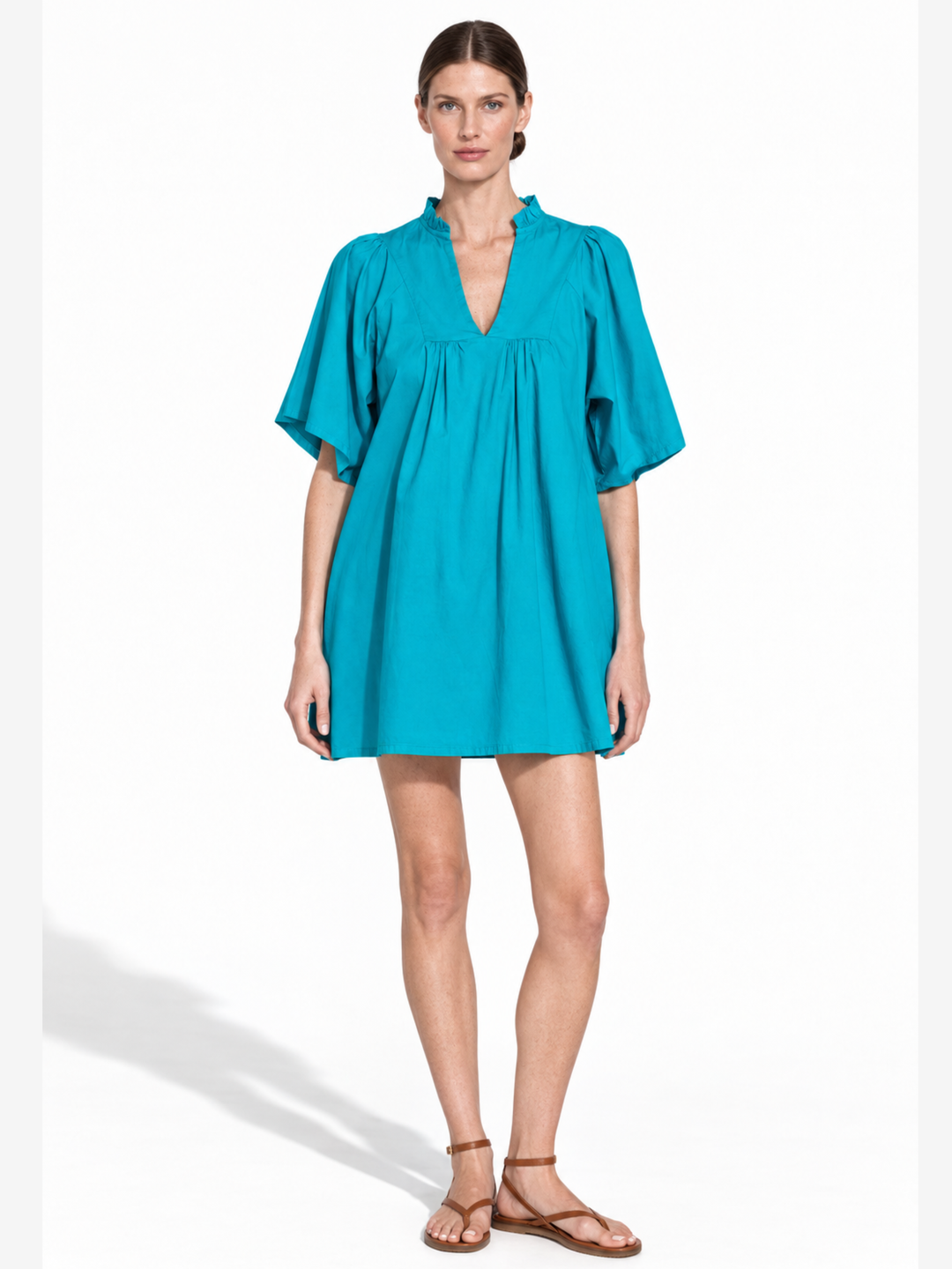 Nicola Ruffle Neck Gathered Flutter Sleeve Mini Dress