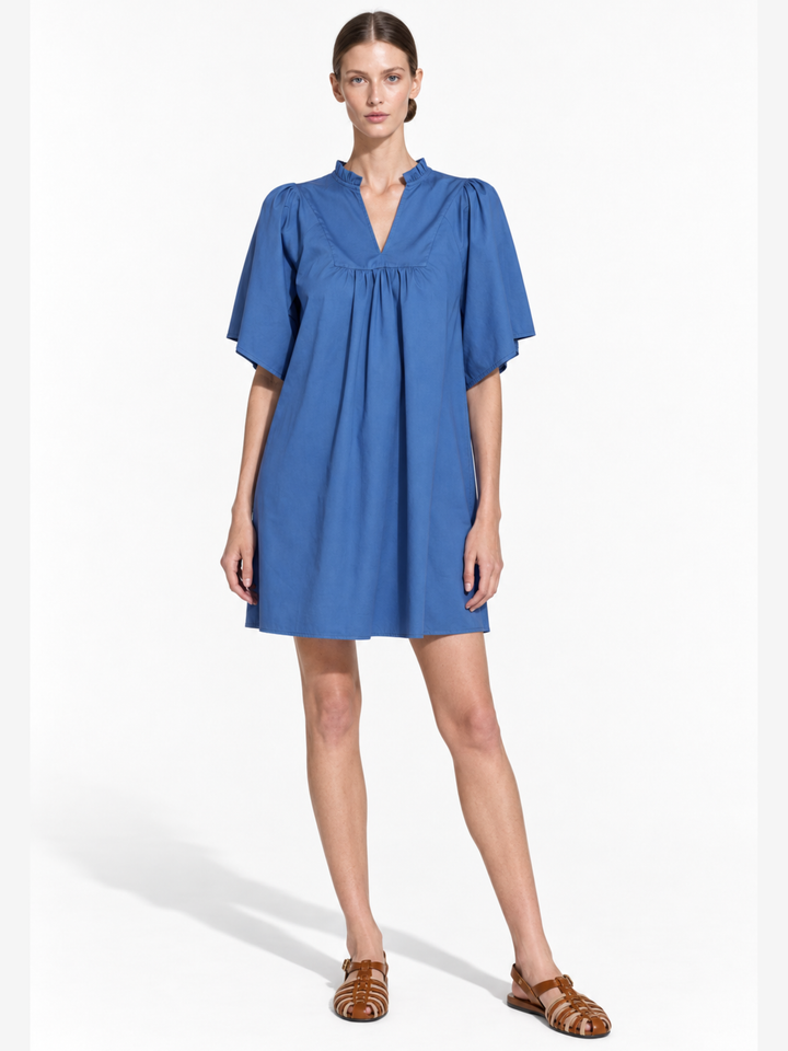 Nicola Ruffle Neck Gathered Flutter Sleeve Mini Dress