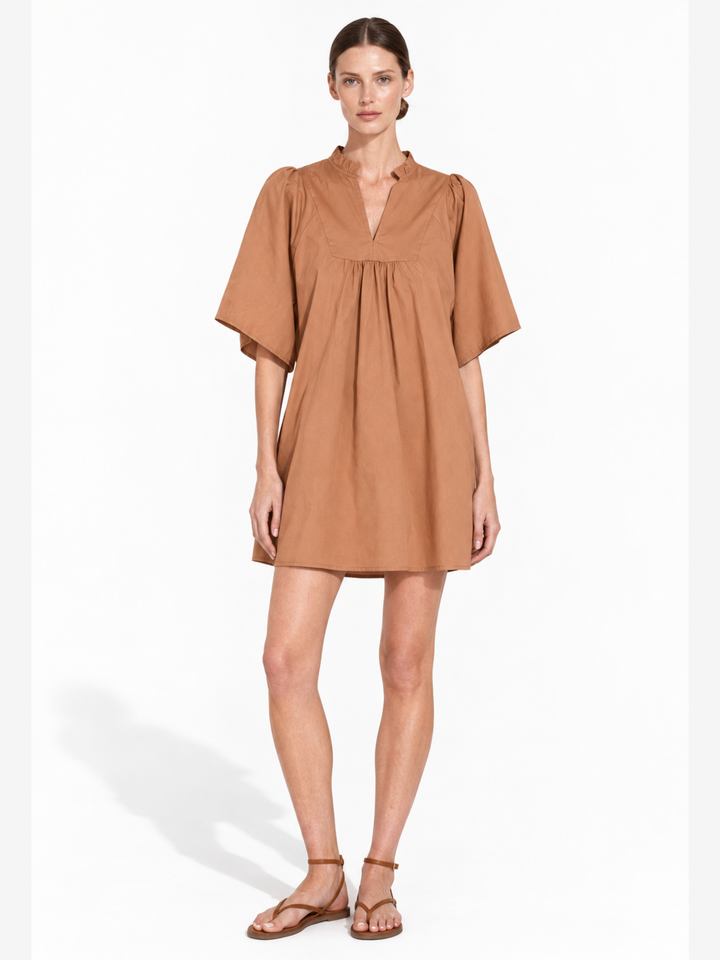 Nicola Ruffle Neck Gathered Flutter Sleeve Mini Dress