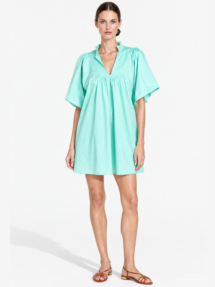 Nicola Ruffle Neck Gathered Flutter Sleeve Mini Dress