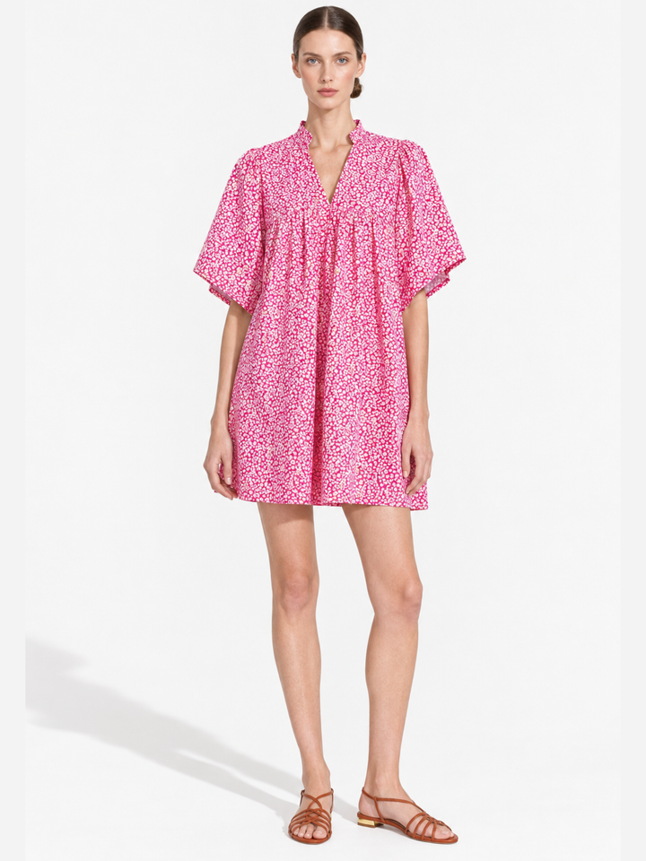 Nicola Ruffle Neck Gathered Flutter Sleeve Mini Dress