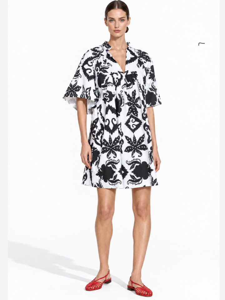 Nicola Ruffle Neck Gathered Flutter Sleeve Mini Dress