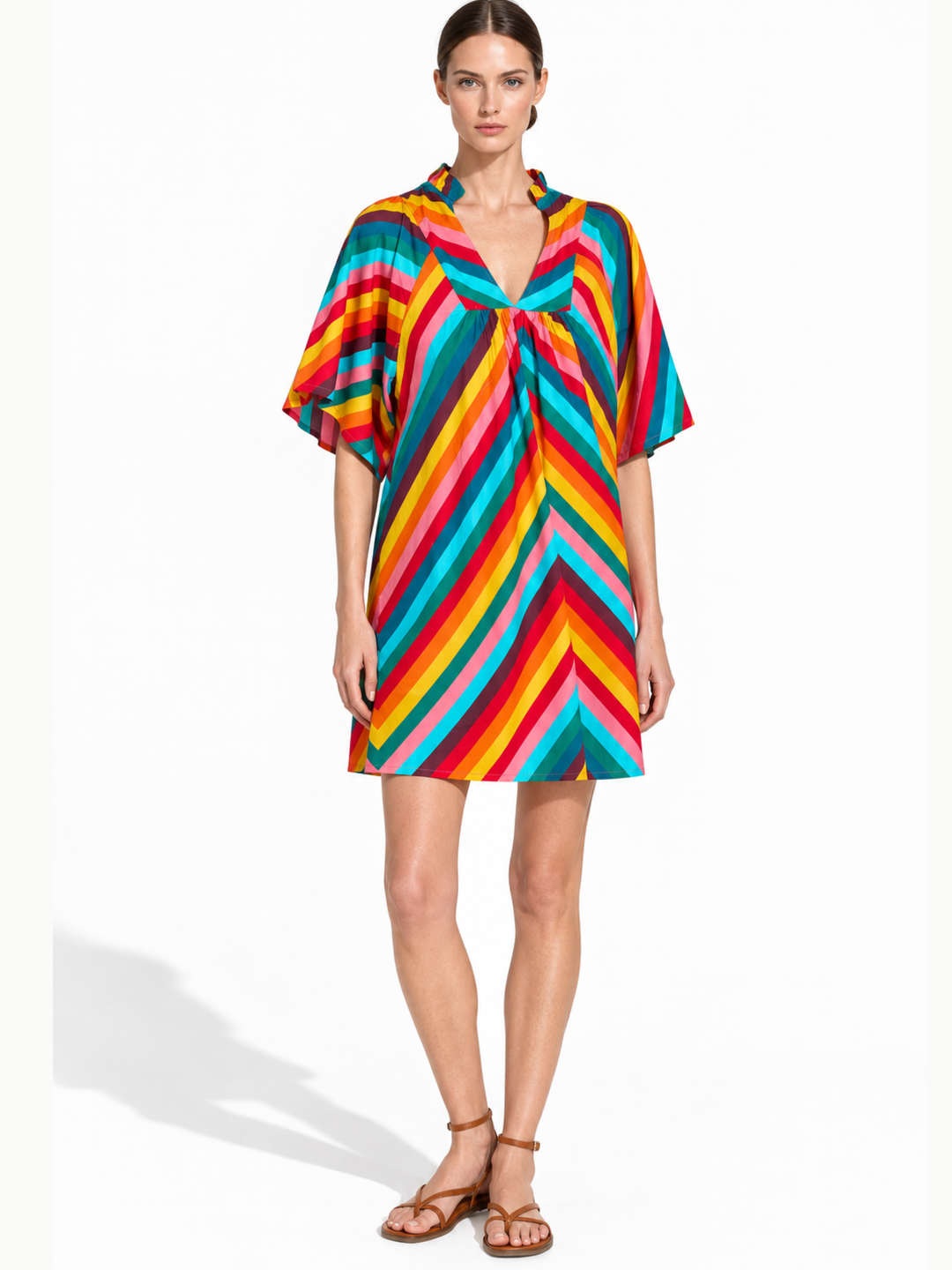 Nicola Ruffle Neck Gathered Flutter Sleeve Mini Dress