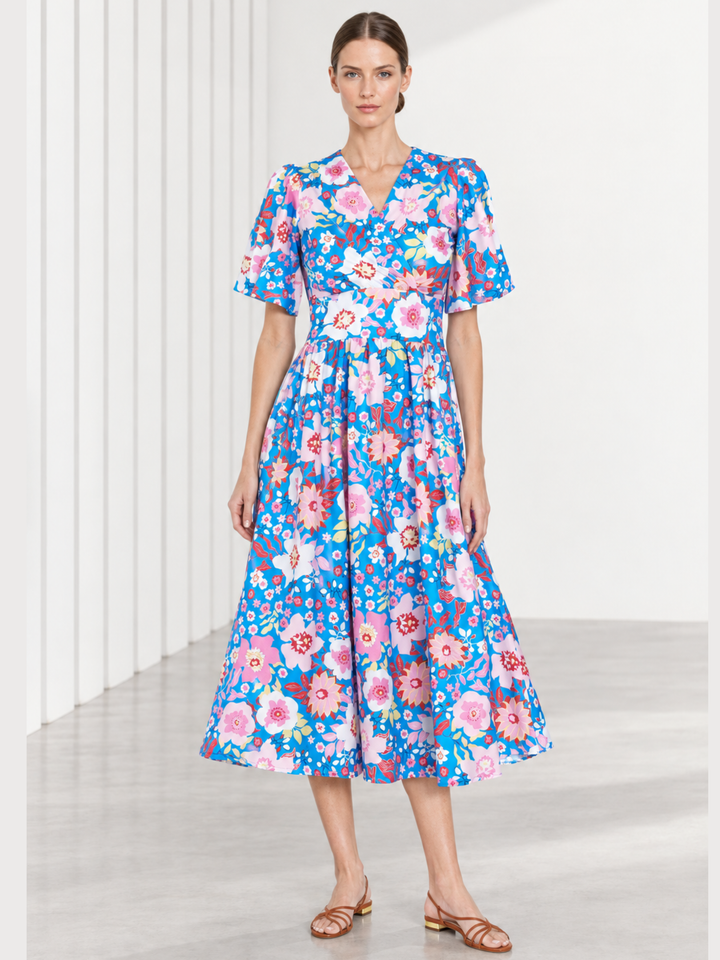 Aster Puff Sleeve Wrap Midi Dress