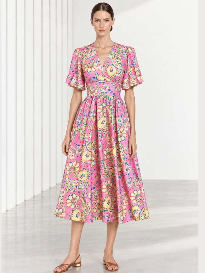 Aster Puff Sleeve Wrap Midi Dress