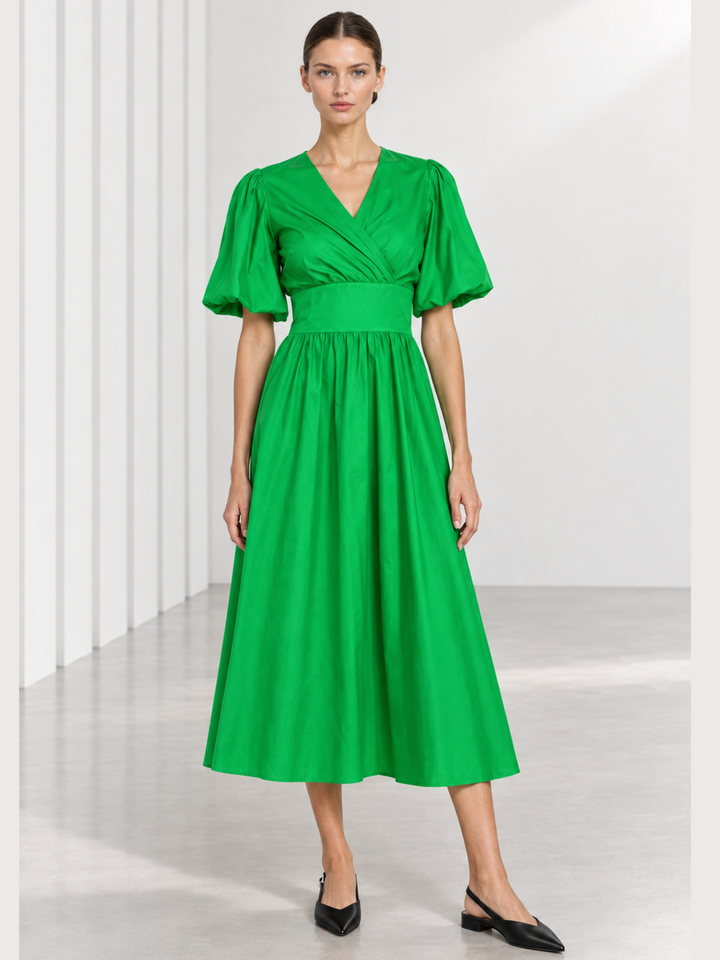 Aster Puff Sleeve Wrap Midi Dress