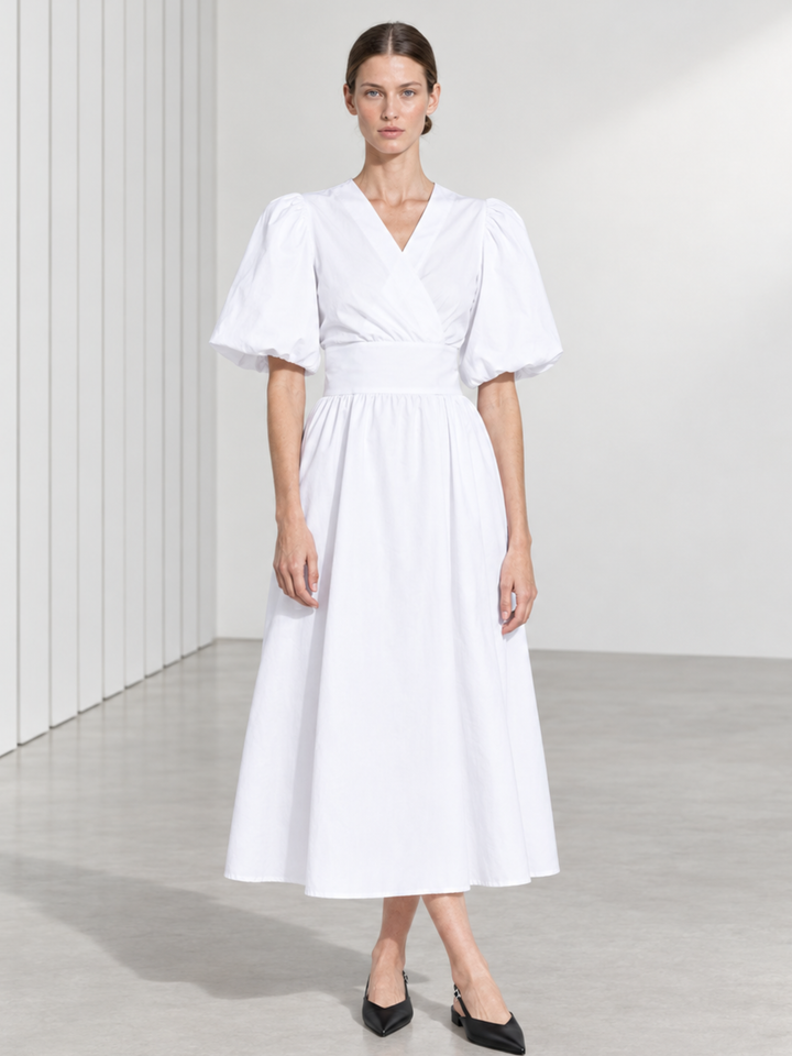 Aster Puff Sleeve Wrap Midi Dress