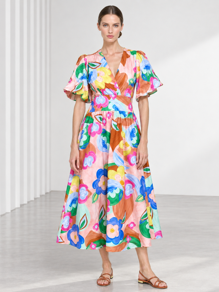 Aster Puff Sleeve Wrap Midi Dress
