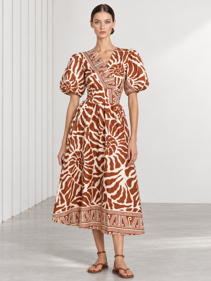 Aster Puff Sleeve Wrap Midi Dress