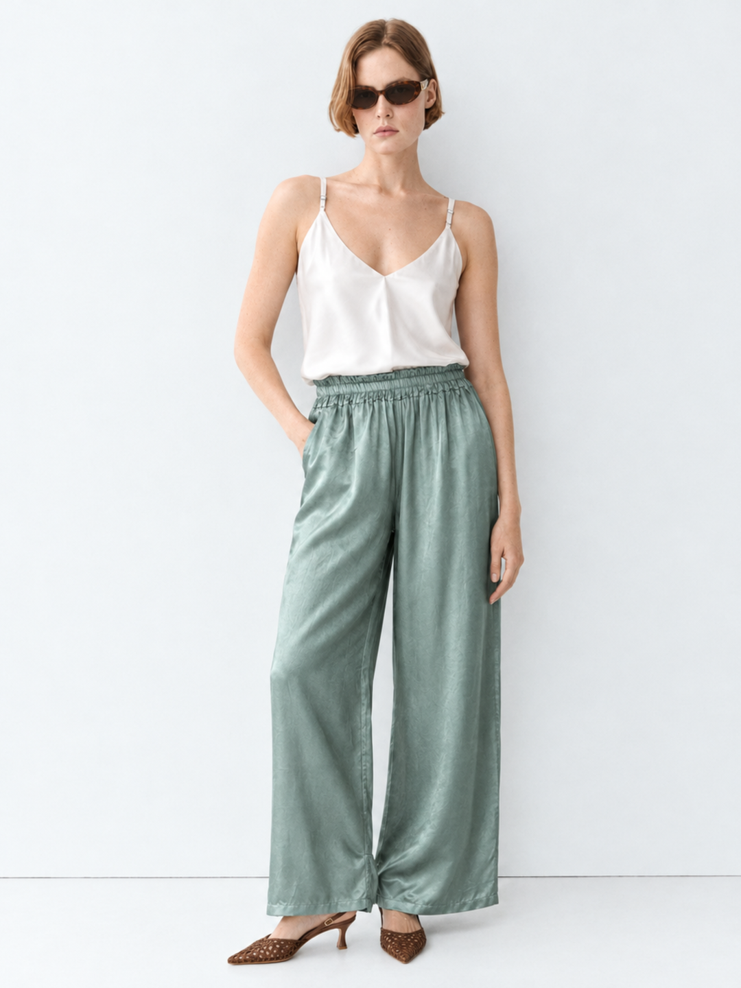 Amara Satin Wide-Leg Paperbag Waist Pants