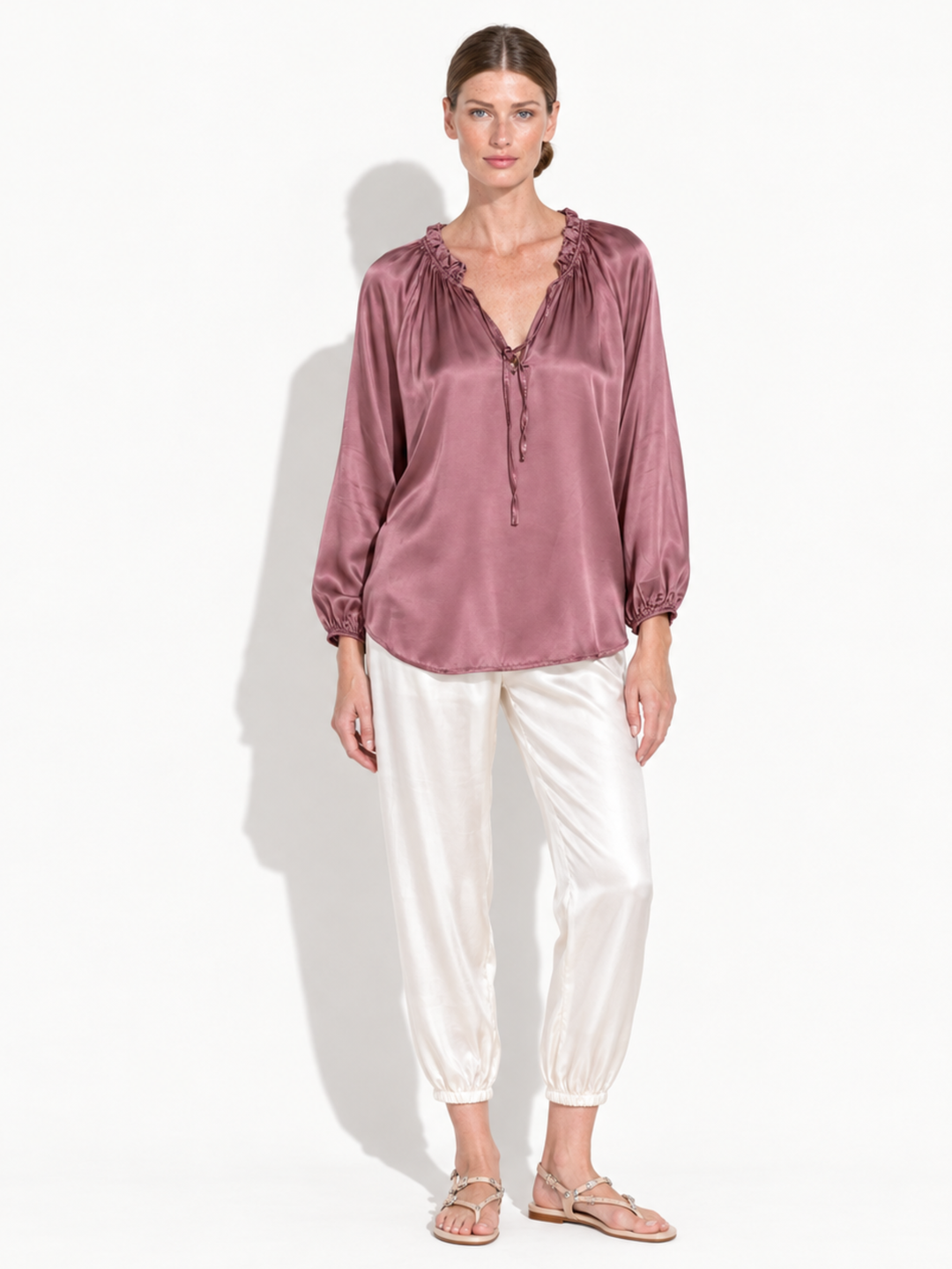 Gabriella Satin Tassel Tie Peasant Blouse