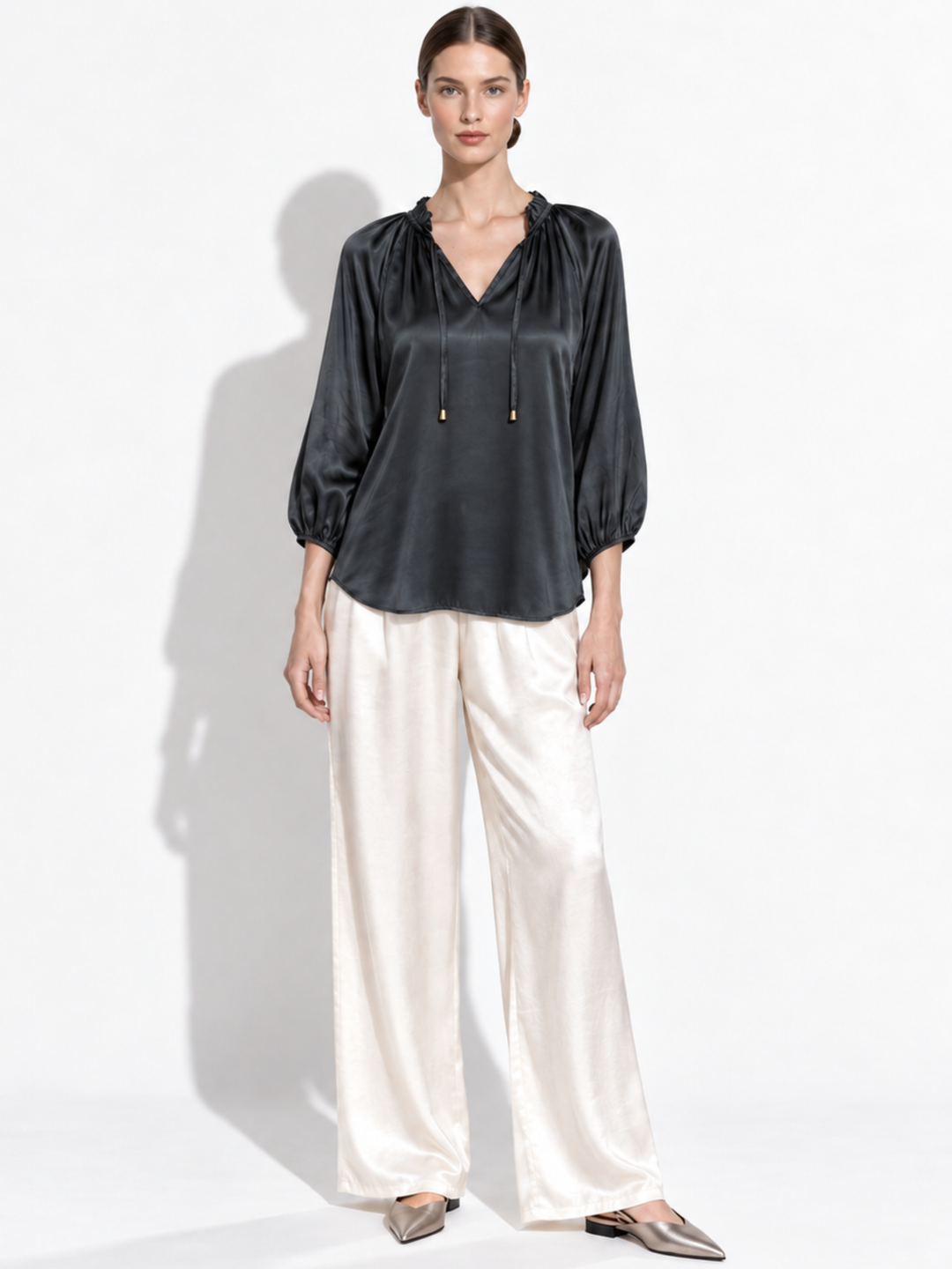 Gabriella Satin Tassel Tie Peasant Blouse