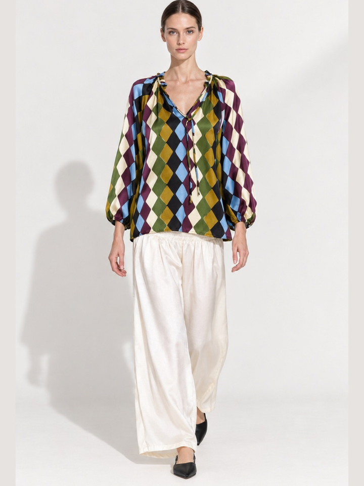 Gabriella Satin Tassel Tie Peasant Blouse
