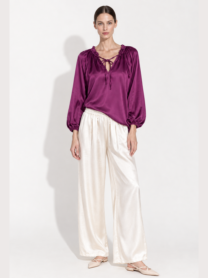 Gabriella Satin Tassel Tie Peasant Blouse