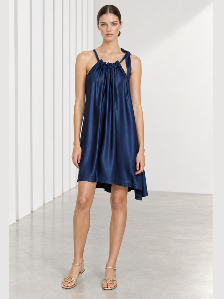 Harper Satin Shoulder-Tie Swing Mini Dress