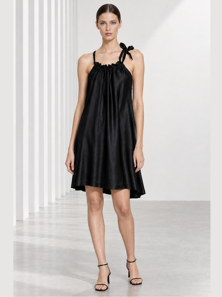 Harper Satin Shoulder-Tie Swing Mini Dress