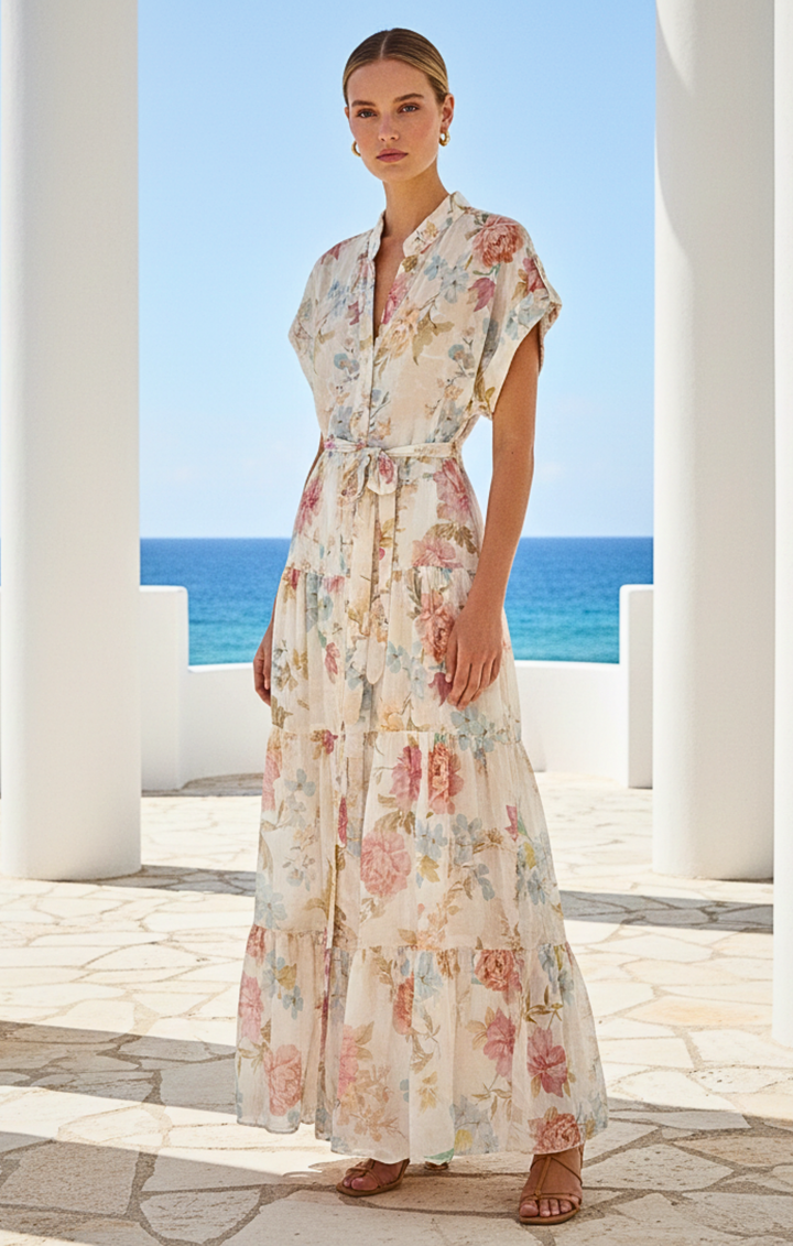 Woman in a floral dress standing in front of a white architectural structure with ocean view