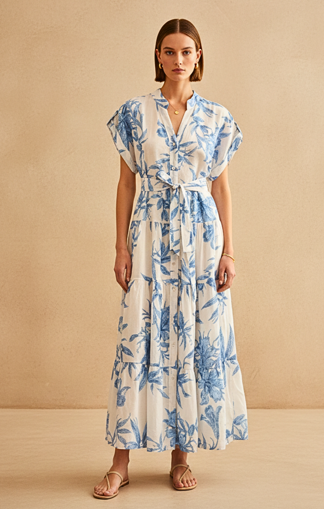 Woman wearing a blue floral dress against a beige background