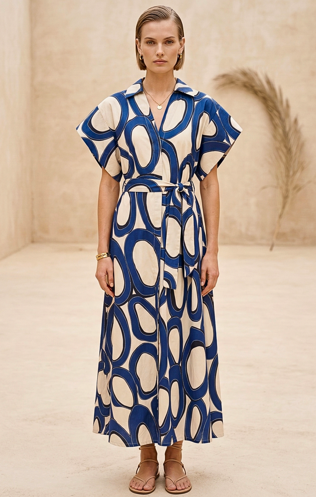 Woman wearing a blue and white patterned dress in a neutral setting