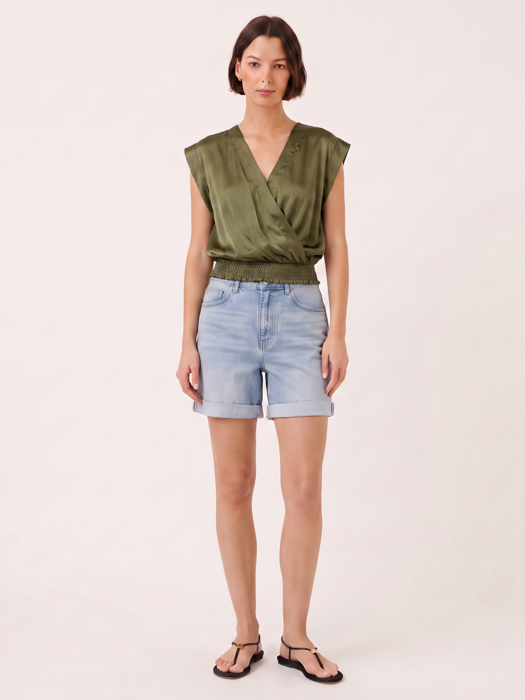 LEO Satin Wrap V-Neck Smocked Waist Cap-Sleeve Blouse