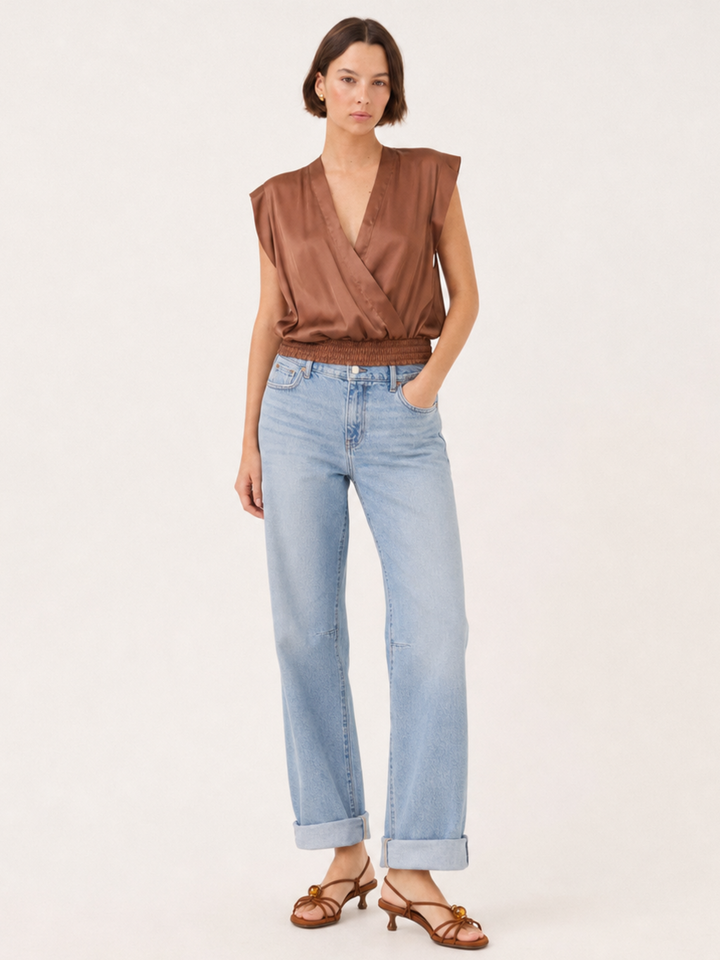 LEO Satin Wrap V-Neck Smocked Waist Cap-Sleeve Blouse