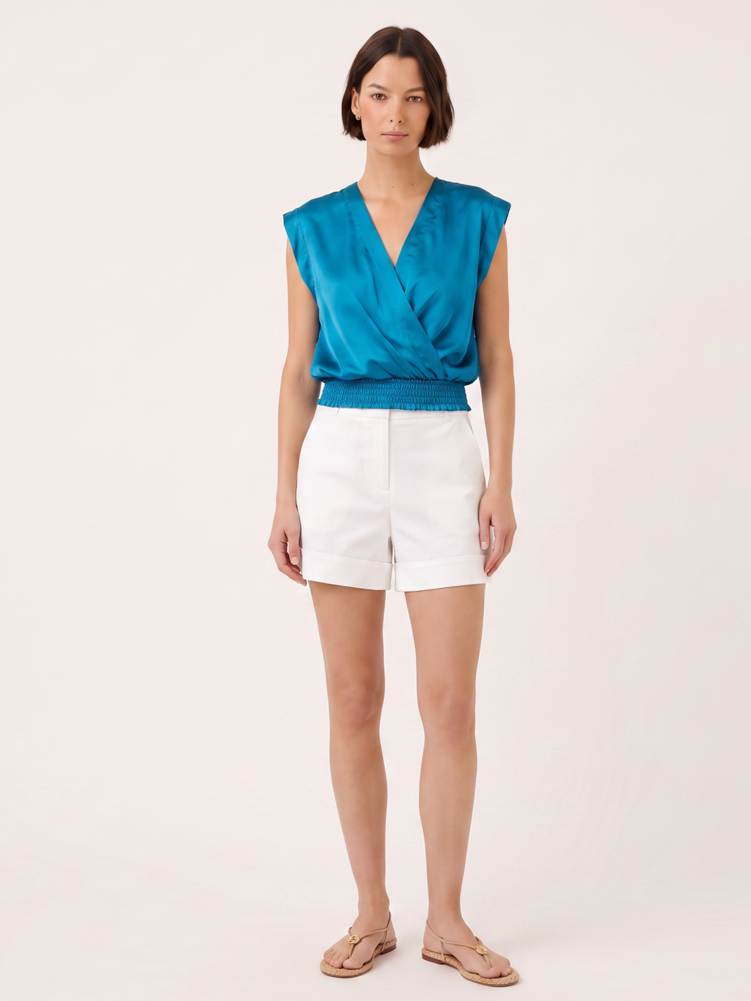 LEO Satin Wrap V-Neck Smocked Waist Cap-Sleeve Blouse