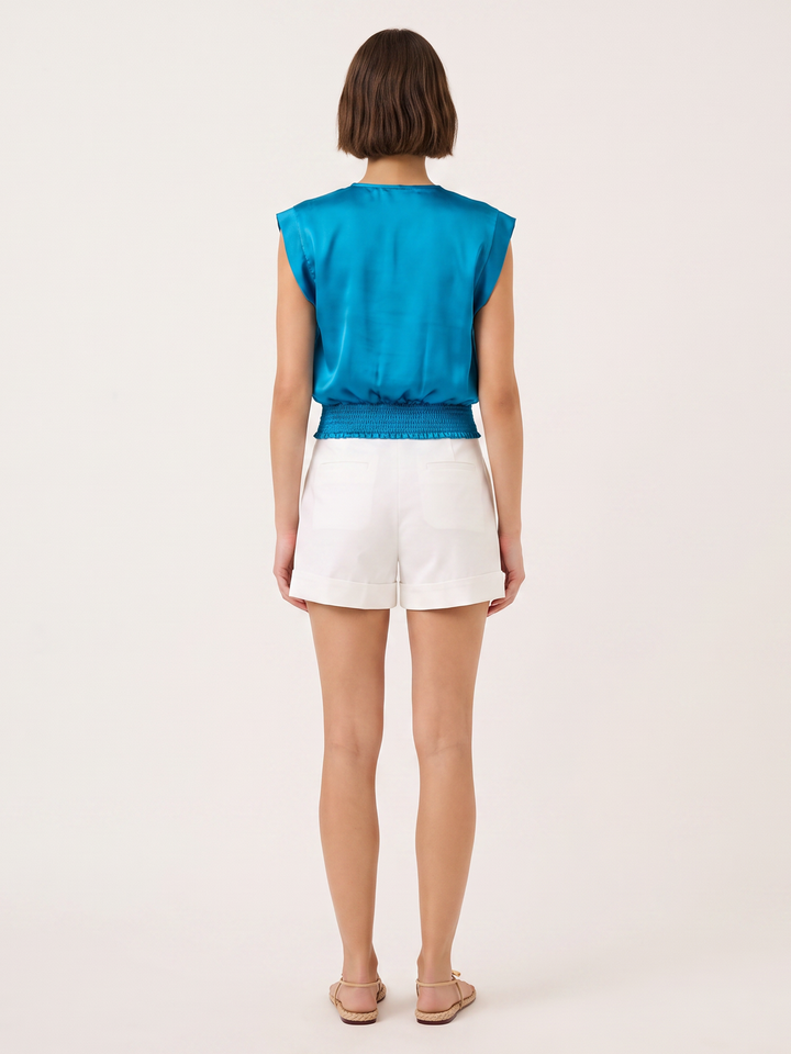 LEO Satin Wrap V-Neck Smocked Waist Cap-Sleeve Blouse