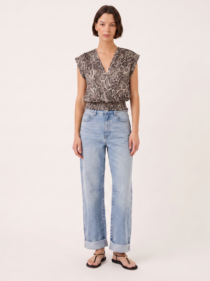 LEO Satin Wrap V-Neck Smocked Waist Cap-Sleeve Blouse