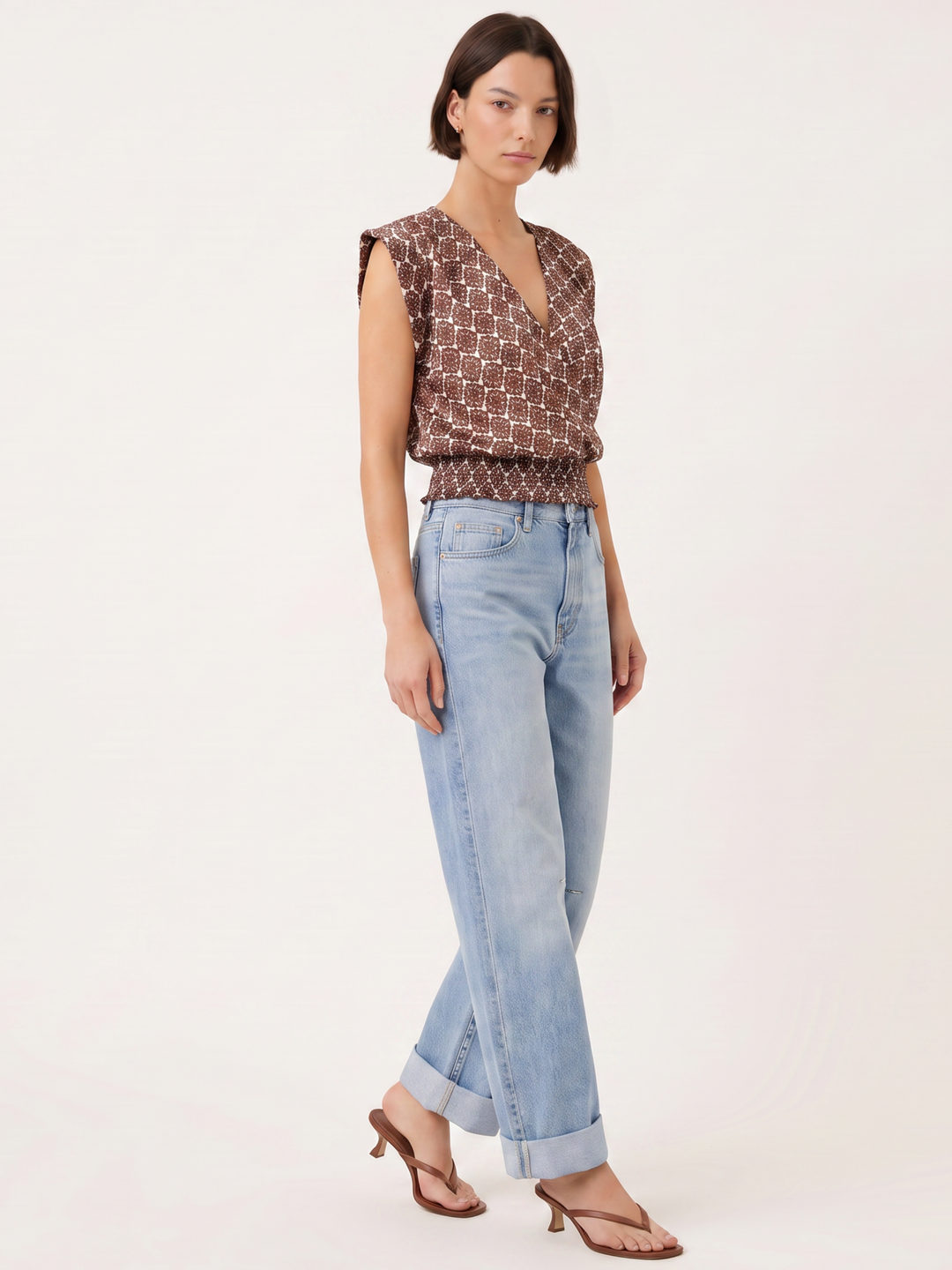 LEO Satin Wrap V-Neck Smocked Waist Cap-Sleeve Blouse