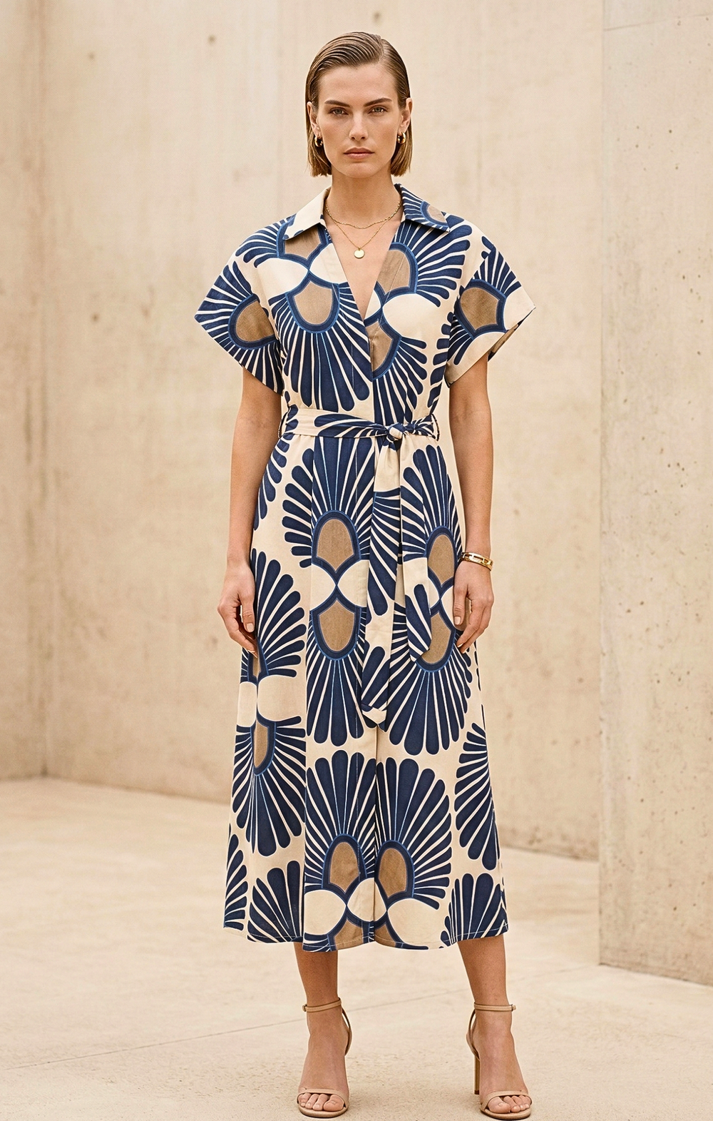 Woman wearing a patterned dress against a neutral background