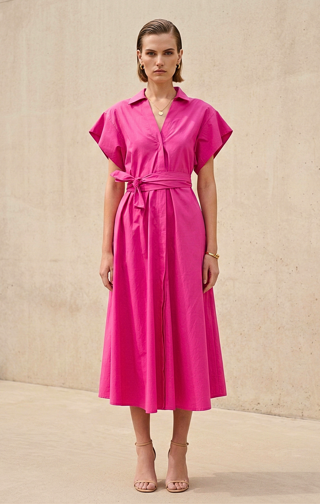 Woman wearing a bright pink dress against a beige background