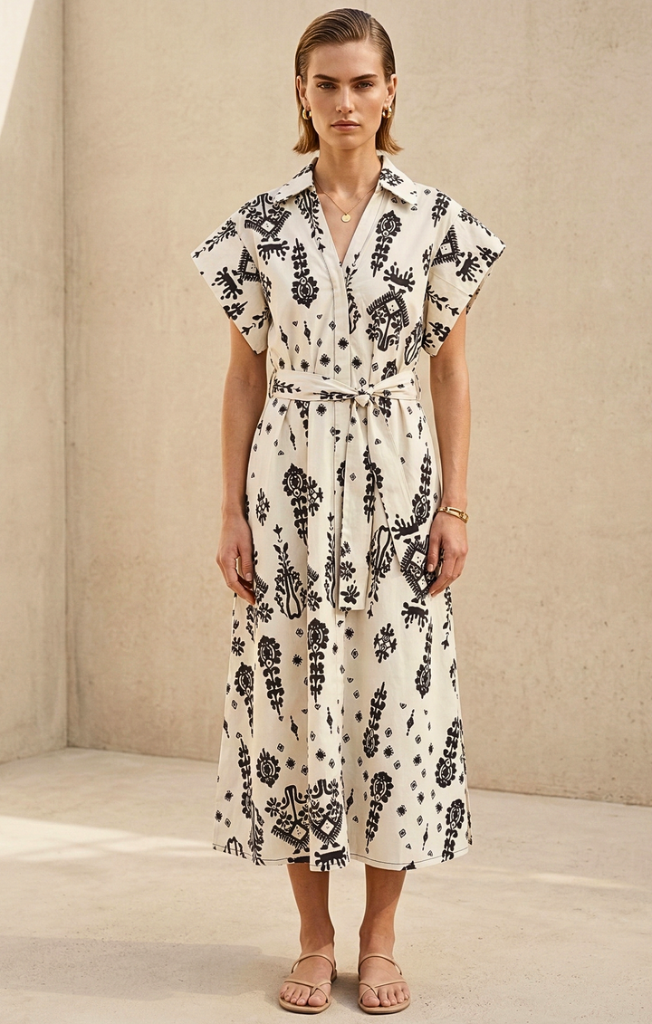 Woman wearing a white dress with black floral pattern against a beige background