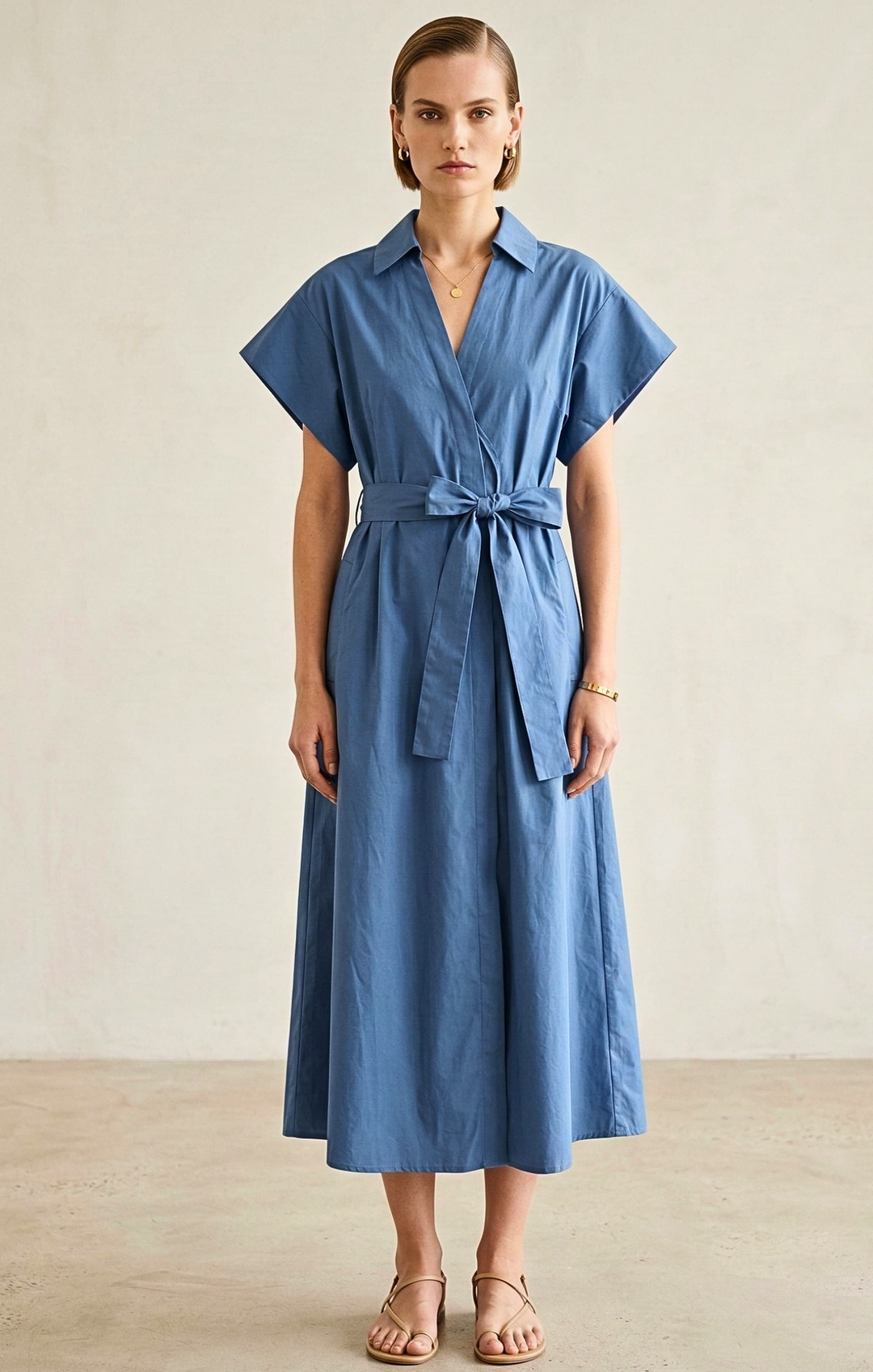 Woman wearing a blue dress with a belt against a neutral background