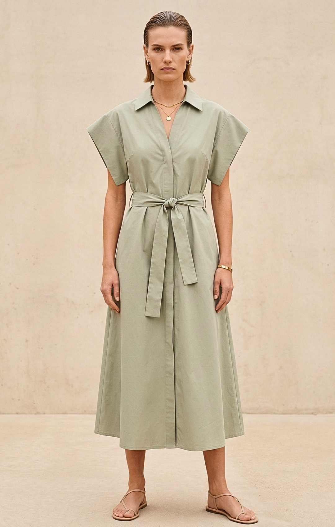 Woman wearing a light green dress with a belt against a beige background